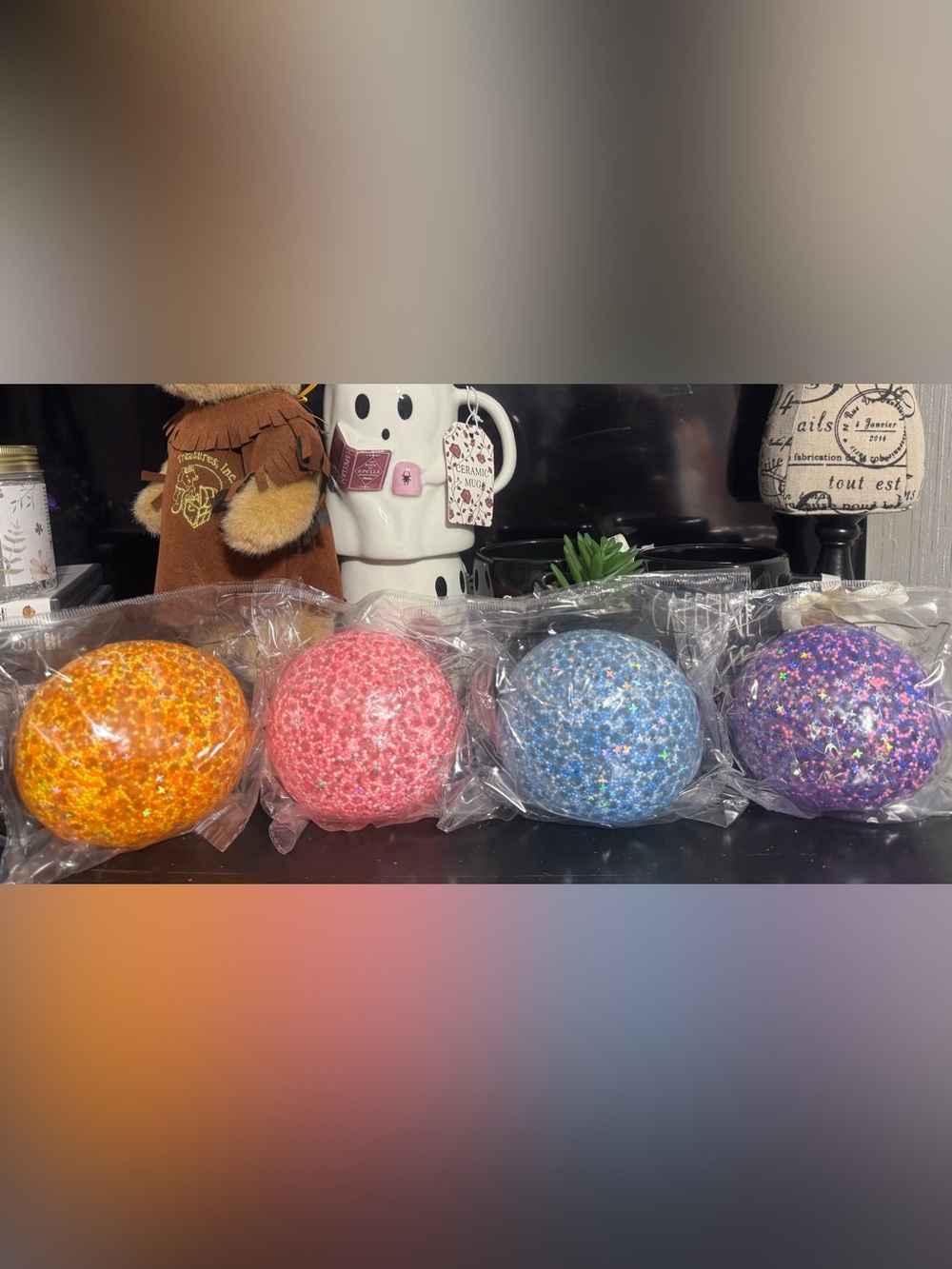 New 4-Piece Glitter Stress Balls Set Sensory Fidget Foam Bead Balls!